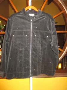 Quacker Factory 1X Black Corduroy Stretch Zipper Jacket Rhinestones - Picture 1 of 3