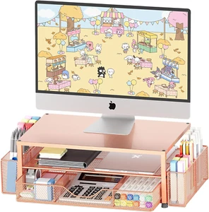 Organizadores y accesorios de escritorio oro rosa, cajón con soporte para monitor de computadora de 2 niveles - Imagen 1 de 12