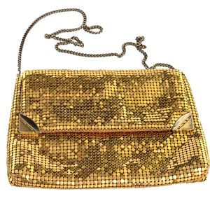 Vtg Gold Slouch Glomesh Style Mesh Shoulder Cross Body Bag 1980 Disco Gold Crest - Picture 1 of 7