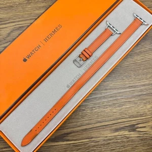 HERMES Apple Watch 42/41/40/38mm Orange Leather Band Double Tour with Box - Picture 1 of 10