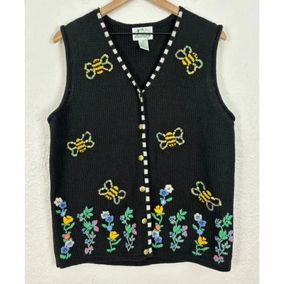 The Quacker Factory Knit Bee Floral Embroidered Sweater Vest Cottagecore Small - Image 1 of 3