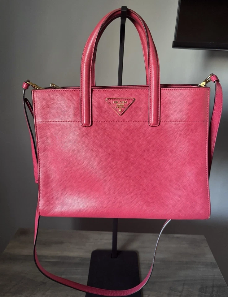 Prada Leather Tote Soft Triple Pocket Saffiano Pink With Strap - Image 1 of 4