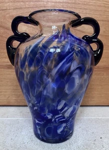 Vintage Blue And White Glass Vase Murano Style Swirl Art Hand blown - Picture 1 of 10