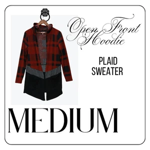 Maurices Sweater Womens Medium Red Black Plaid Open Front Hoodie Cardigan Knit - Picture 1 of 4