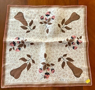 ~Vintage Linen Faith Austin Hanky Handkerchief~Pears & Strawberries~TAG~ - Image 1 of 3