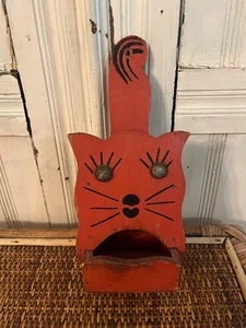 Vintage Holz Orange Katze Volkskunst Wandhalterung Streichholzschachtel Halter - Bild 1 von 5