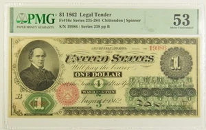 $1.00 1862 Legal Tender Fr. 16c PMG AU-53 S/N 19986 / Series 238 pp B - Picture 1 of 2