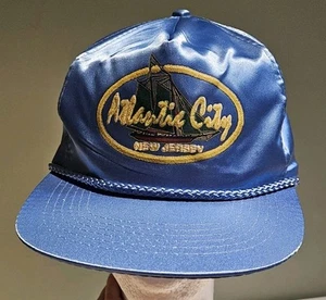 Cappello Vintage Atlantic City Blu Raso Scivolo Regolabile KC New Jersey Casino - Foto 1 di 12