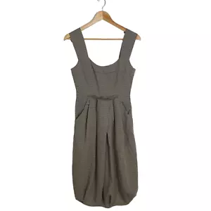 Cue Sz 8 Taupe Fine Check Pleated Retro Sleeveless Career Dress Clueless Preppy - Picture 1 of 8