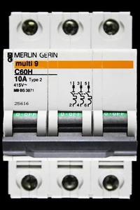MERLIN GERIN 10 AMP TYPE 2 M9 TRIPLE POLE MCB CIRCUIT BREAKER C60H 25616 MULTI9 - Picture 1 of 6