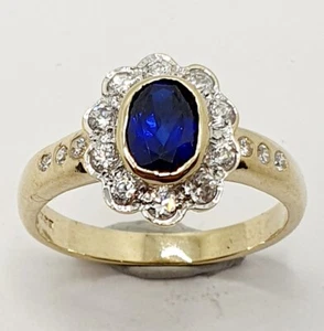 Gold Sapphire & CZ Cluster Flower Ring 9ct Yellow Gold Hallmarked Size P - Picture 1 of 19