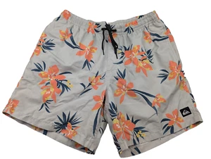 Quiksilver Swim Trunks Mens XL Tan Logo Tropical Print Pockets Drawstring Beach - Picture 1 of 7