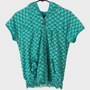 Y2K Volcom Short Sleeve Striped Hoodie Teal Blue Girls Large Ruffled Full-Zip - Picture 1 of 12