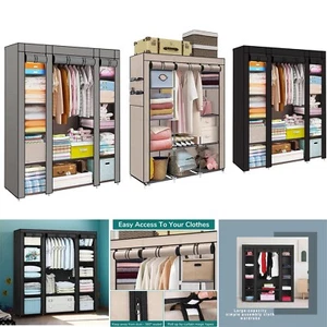 Fabric Canvas Wardrobe With Hanging Rail Shelving Clothes Storage Large Cupboard - Picture 1 of 53