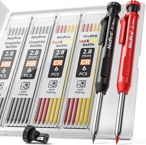 Nicpro Carpenter Pencil with Sharpener, Mechanical Pencils Set Black,Red - Picture 1 of 6