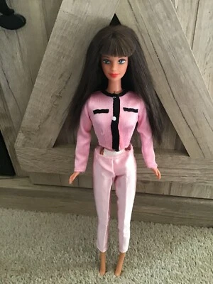Barbie Doll Outfit Bubble Gum Pink Suit Jacket Black Trim Pants Satin Look - Image 1 of 4