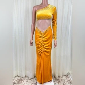 Women's Ombre Yellow Velour Sheer Accent Ruched One Shoulder Maxi Dress Sz Small - Picture 1 of 15
