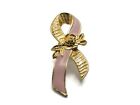 Pink And Textured Ribbon & Rose Center Pin Gold Tone