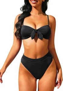 Women's Bandeau Bikini Set High Waisted Swimsuit Front Tie Knot Black Size L - Picture 1 of 7