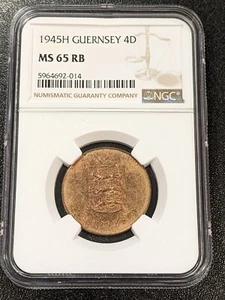 1945 H MS65 RB Guernsey 4 Doubles UNC NGC KM 13 Nice Luster TOP POP - Picture 1 of 4