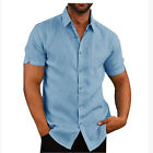 Mens Summer Solid Lapel Short Linen Shirt Sleeve Button-down Casual Loose Tops