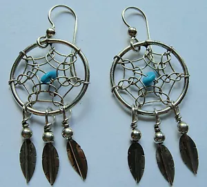 Southwestern Sterling Silver Dreamcatcher Earrings Feather Drops & Turquoise - Picture 1 of 3