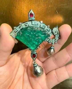 Victorian Style Women's Wedding Brooch Pin With Emerald, Ruby, Pearl & Sapphire - Picture 1 of 7