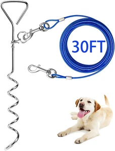 Dog Tie Out Cable and Anti Rust Spiral Stake , 30ft Outside Leash&Chain for C... - Picture 1 of 12