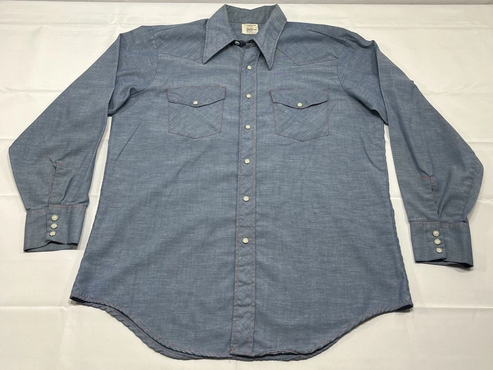 Vintage 60s JC Penny Big Mac Permanent Press Pearl Snap Blue Work Shirt - Stain - Image 1 of 4