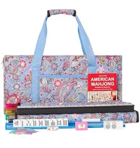 American Mahjong Set 166 Tiles 4 Rack/Pushers w/Carry Case Pink/Blue Paisley - Picture 1 of 6