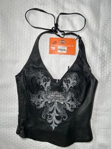 New! Harley Davidson Women’s Leather Studded Floral Crop Top/Halter Black Sz XS - Picture 1 of 7