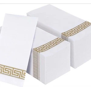 NEU Linen Feel Einweg Papierservietten Bad Abendessen griechischer Schlüssel weiß - 50 Stück - Bild 1 von 6