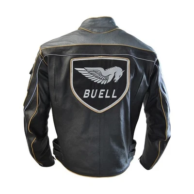 New Men Buell Gray and Black Motorcycle Racing Cowhide Leather Jacket with Logo - Image 1 of 4