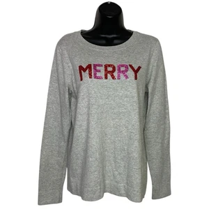J Crew Sweater Womens Small Gray Teddie Crew Neck Sequin Merry Christmas NWT - Picture 1 of 10