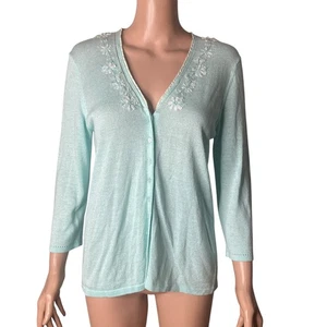 Liz Claiborne Collection Cardigan Sweater Womens Med Aqua Green Embroidered - Picture 1 of 12