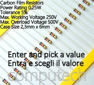 1000 pezzi Resistenze a scelta 1/4W ±5%da 1 Ohm a 10 Mohm a strato di carbone - Picture 1 of 1