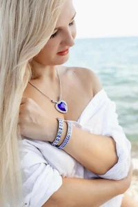 Mother inlaw Heart Neckless + 2 Bracelets + Earring Blue Sapphire Black Friday - Picture 1 of 12