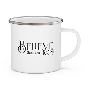 Taza de camping esmaltada - Believe John 3:16 ilustración negra - Imagen 1 de 6
