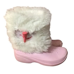 Crocs Boots Junior 1J3 Measures 8.75 inches Size 3 Pink White Faux Fur Toggle - Picture 1 of 13