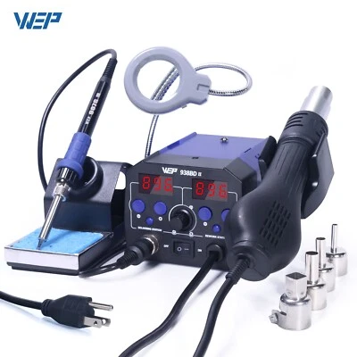 WEP 938BD-II Digital Soldering Station Iron Kit Hot Air Gun Heat Rework SMD Welding