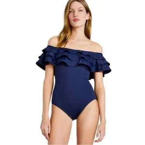 Kate Spade Small Navy Blue Palm Beach Ruffle Off Shoulder One Piece Swimsuit NEW - Picture 1 of 2