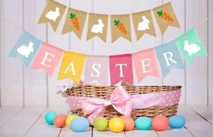Ostern Wimpel Party Girlande Jute Sackleinen Fahnen Osterhase Eiersuche Deko - Bild 1 von 18