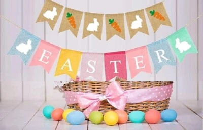 Guirnalda de fiesta de banderín de Pascua banderas de arpillera de yute conejito de Pascua huevos caza decoraciones Foto 1 de 4