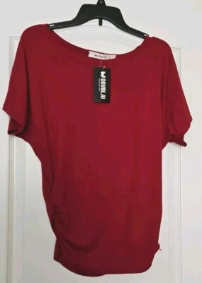 Doublju Womens T Shirt Small Dolman Sleeve Wine Color Ruched Sides NWT  - Image 1 of 4