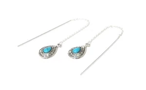Sterling Silver Droplet Threader Earrings Sky Blue Turquoise Reconstructed - Picture 1 of 4