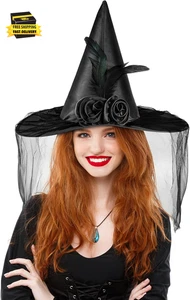 Halloween Mujeres Bruja Sombrero Brujas Sombreros para Mujeres Adulto Malvado Un Lado Velos (Ha - Imagen 1 de 7