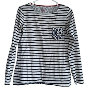Boden Womens Breton Stripe Leopard Print Pocket Long Sleeve Tee Sz 6 Navy White - Picture 1 of 8