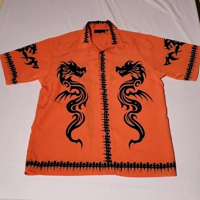 Dragonfly Clothing Company Orange Dragon Print Short Sleeve Button Up Shirt XL - Image 1 of 4