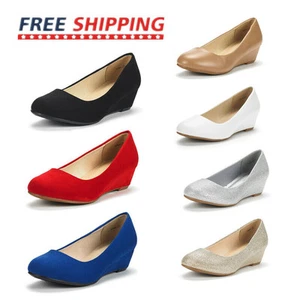 Women's Suede/PU Mid Wedge Heel Pump Slip On Round Toe Comfort Pump Shoes 5-11 - Picture 1 of 18