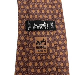 Hermes Men's Tie Basketweave "H" Logo Brown Satin Silk 5359 OA 3.75" (W) 61" (L) - Picture 1 of 11
